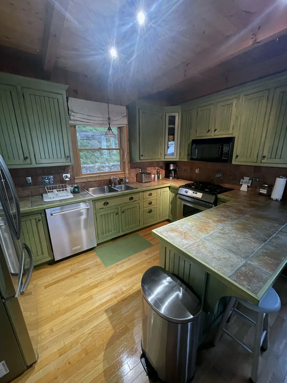 Cabin kitchen with green cabinets, wood floors, and stainless steel appliances